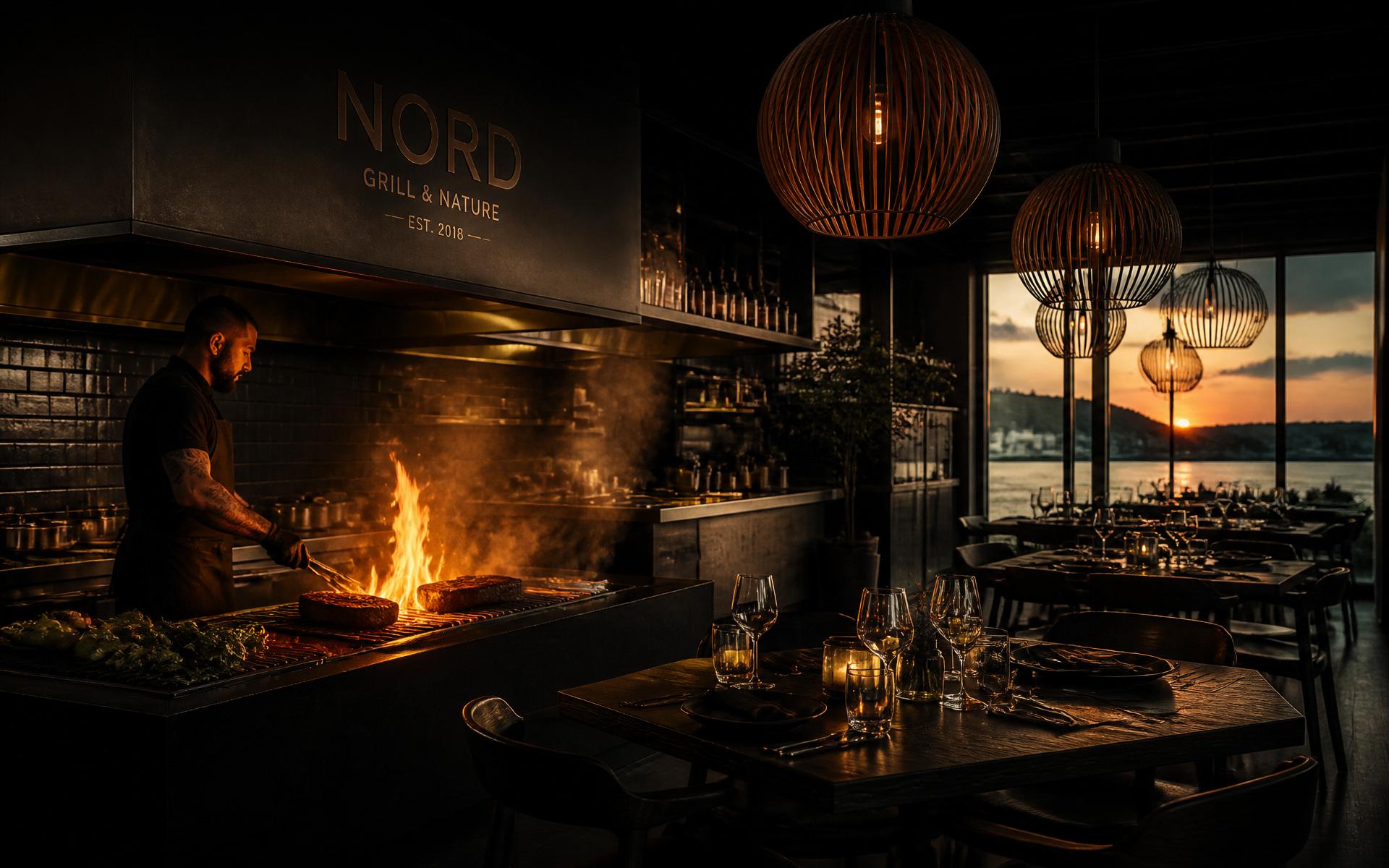 Kokk griller mat over åpen flamme i moderne restaurant